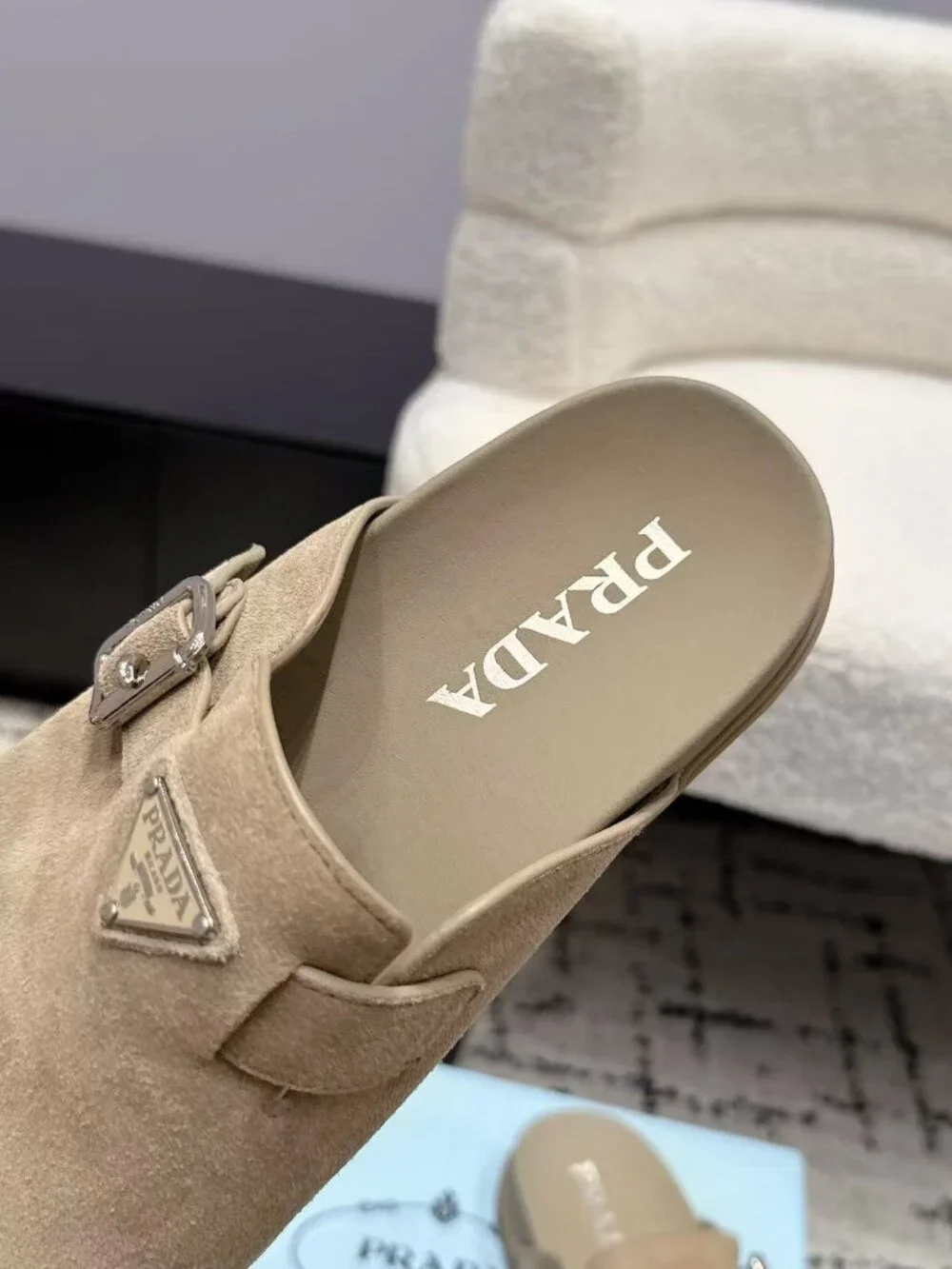 Prada Beige Suede Triangle Logo Buckle Slip-On Mule Clogs